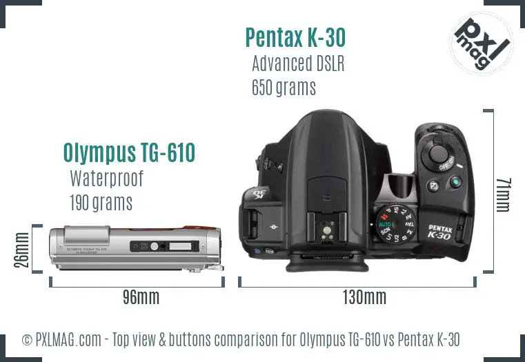 Olympus TG-610 vs Pentax K-30 top view buttons comparison