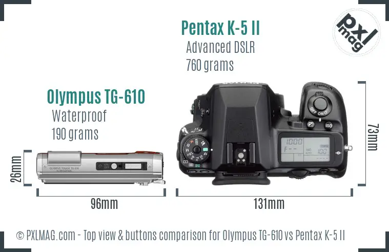 Olympus TG-610 vs Pentax K-5 II top view buttons comparison