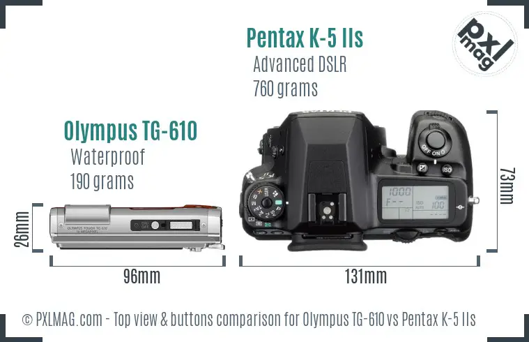 Olympus TG-610 vs Pentax K-5 IIs top view buttons comparison