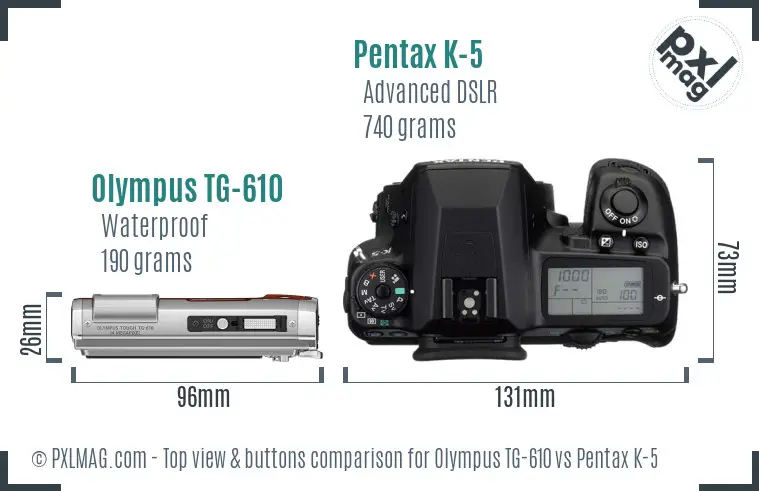 Olympus TG-610 vs Pentax K-5 top view buttons comparison