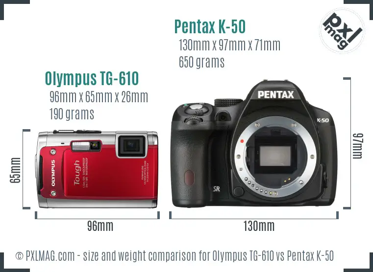 Olympus TG-610 vs Pentax K-50 size comparison