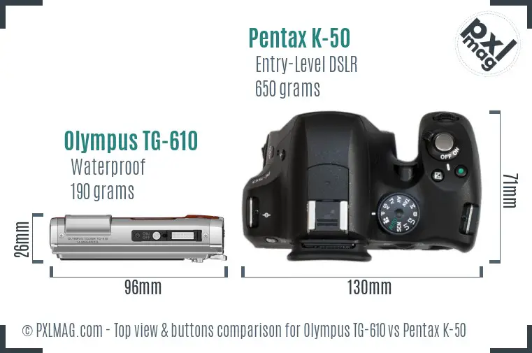 Olympus TG-610 vs Pentax K-50 top view buttons comparison