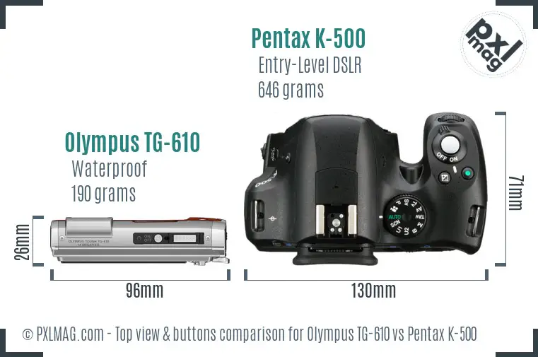 Olympus TG-610 vs Pentax K-500 top view buttons comparison