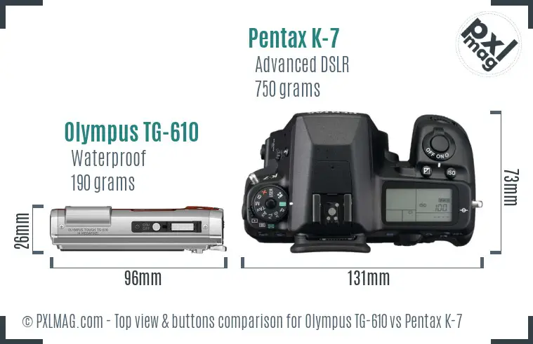 Olympus TG-610 vs Pentax K-7 top view buttons comparison Olympus TG-610 vs Pentax K-7 top view buttons comparison