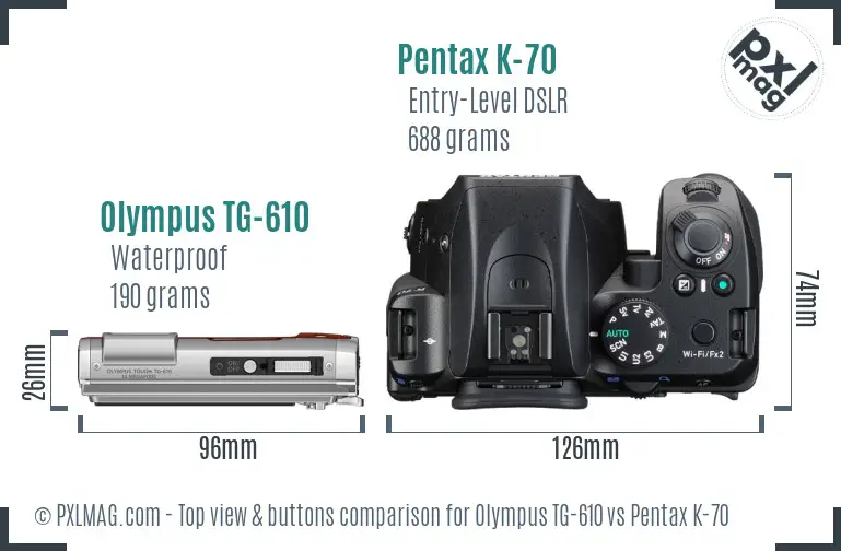 Olympus TG-610 vs Pentax K-70 top view buttons comparison