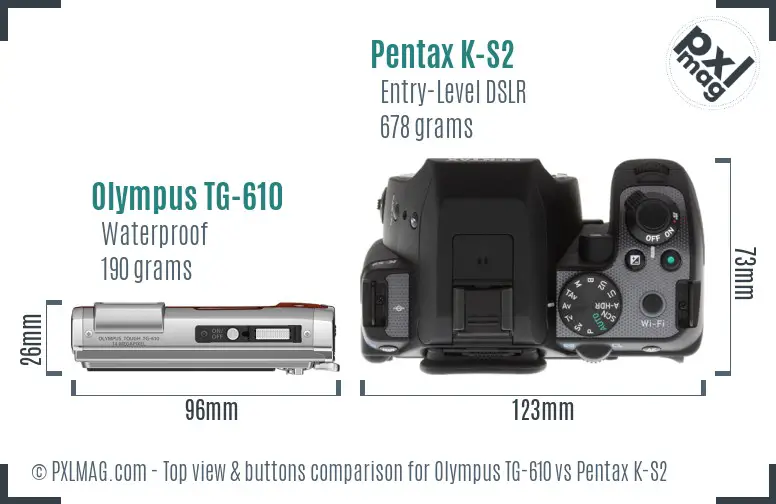 Olympus TG-610 vs Pentax K-S2 top view buttons comparison