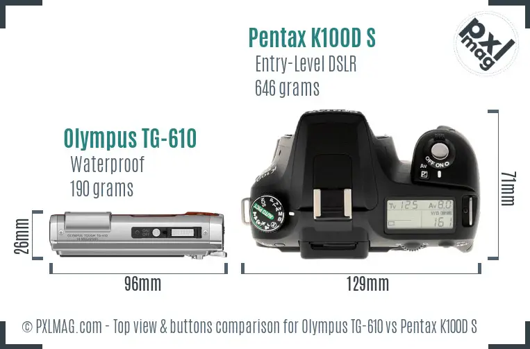 Olympus TG-610 vs Pentax K100D S top view buttons comparison