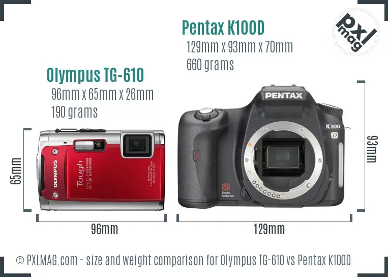 Olympus TG-610 vs Pentax K100D size comparison