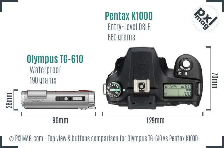 Olympus TG-610 vs Pentax K100D top view buttons comparison