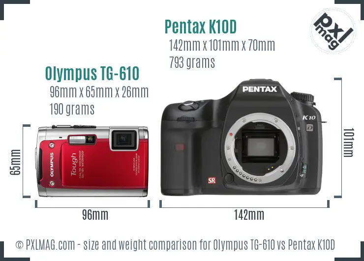 Olympus TG-610 vs Pentax K10D size comparison