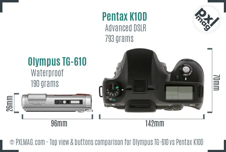 Olympus TG-610 vs Pentax K10D top view buttons comparison