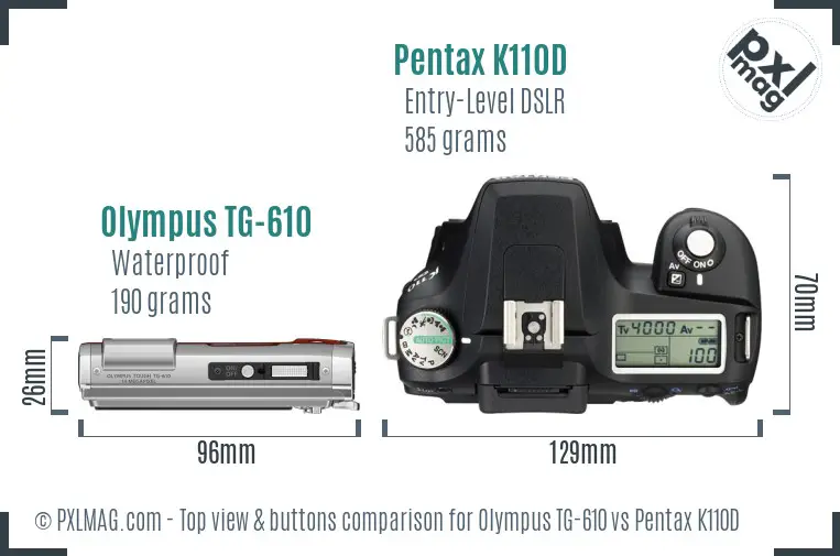 Olympus TG-610 vs Pentax K110D top view buttons comparison