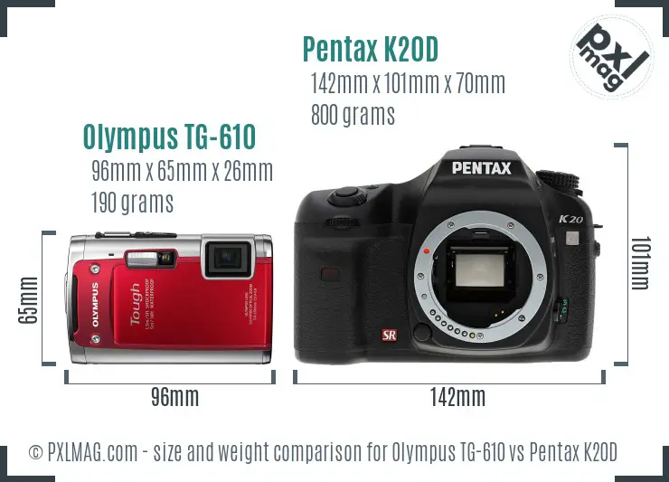 Olympus TG-610 vs Pentax K20D size comparison