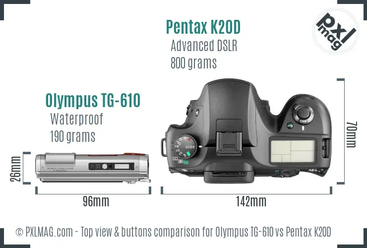 Olympus TG-610 vs Pentax K20D top view buttons comparison