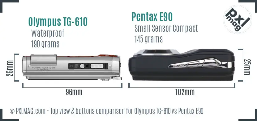 Olympus TG-610 vs Pentax E90 top view buttons comparison