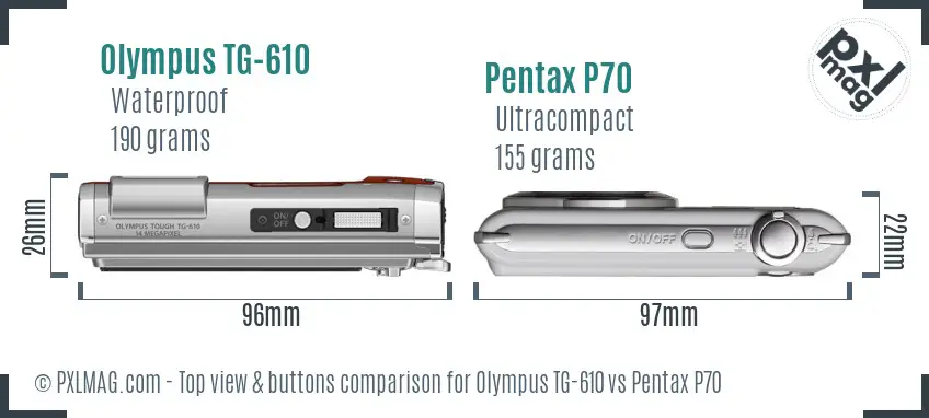 Olympus TG-610 vs Pentax P70 top view buttons comparison