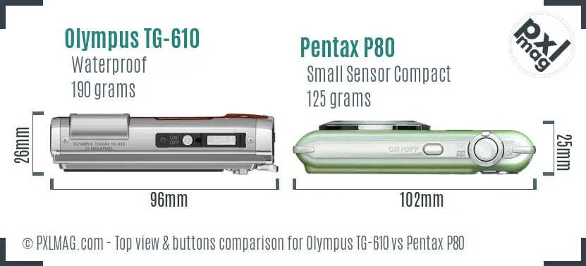 Olympus TG-610 vs Pentax P80 top view buttons comparison