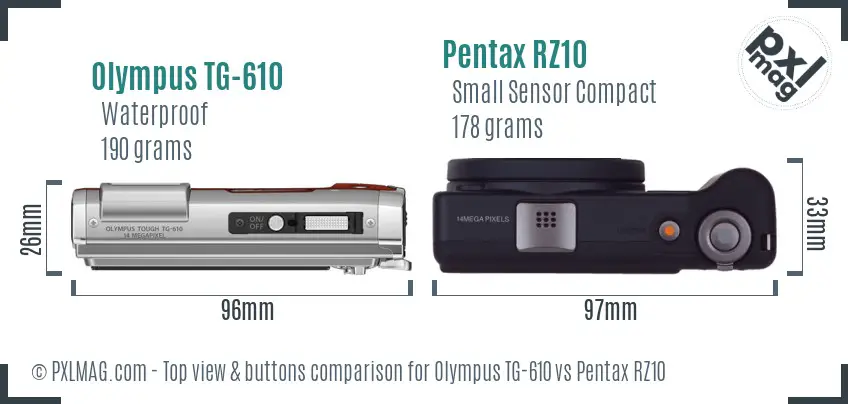 Olympus TG-610 vs Pentax RZ10 top view buttons comparison