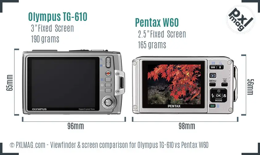 Olympus TG-610 vs Pentax W60 Screen and Viewfinder comparison