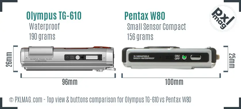 Olympus TG-610 vs Pentax W80 top view buttons comparison Olympus TG-610 vs Pentax W80 top view buttons comparison