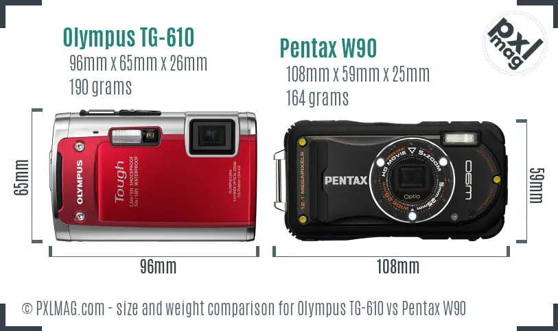 Olympus TG-610 vs Pentax W90 size comparison