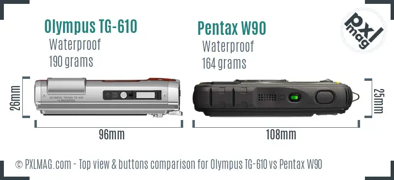 Olympus TG-610 vs Pentax W90 top view buttons comparison