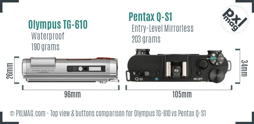 Olympus TG-610 vs Pentax Q-S1 top view buttons comparison