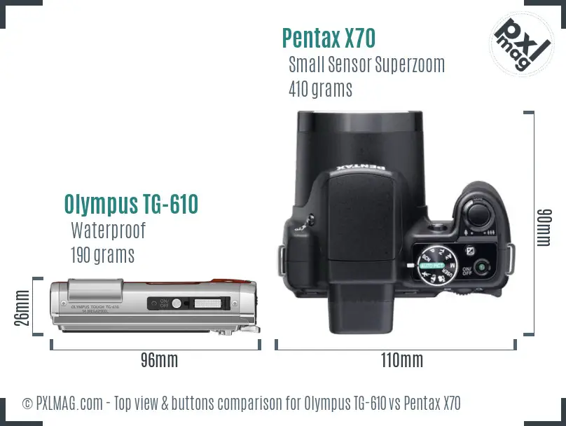 Olympus TG-610 vs Pentax X70 top view buttons comparison