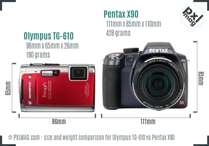 Olympus TG-610 vs Pentax X90 size comparison Olympus TG-610 vs Pentax X90 size comparison