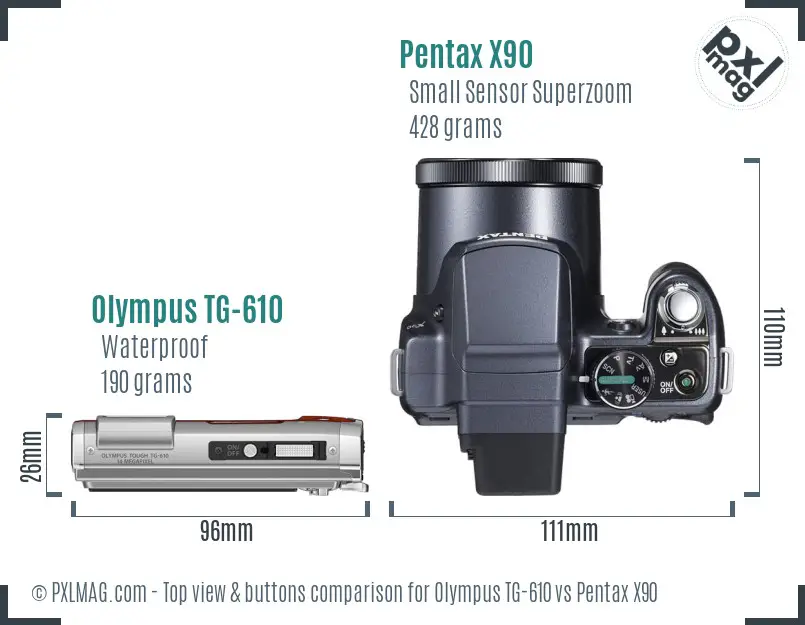 Olympus TG-610 vs Pentax X90 top view buttons comparison Olympus TG-610 vs Pentax X90 top view buttons comparison