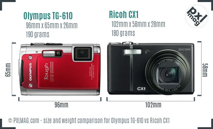 Olympus TG-610 vs Ricoh CX1 size comparison