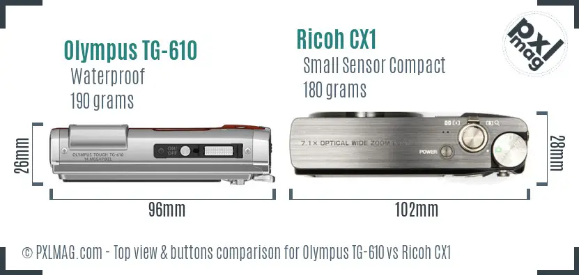 Olympus TG-610 vs Ricoh CX1 top view buttons comparison
