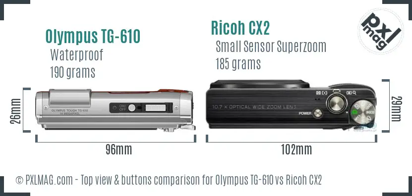Olympus TG-610 vs Ricoh CX2 top view buttons comparison Olympus TG-610 vs Ricoh CX2 top view buttons comparison