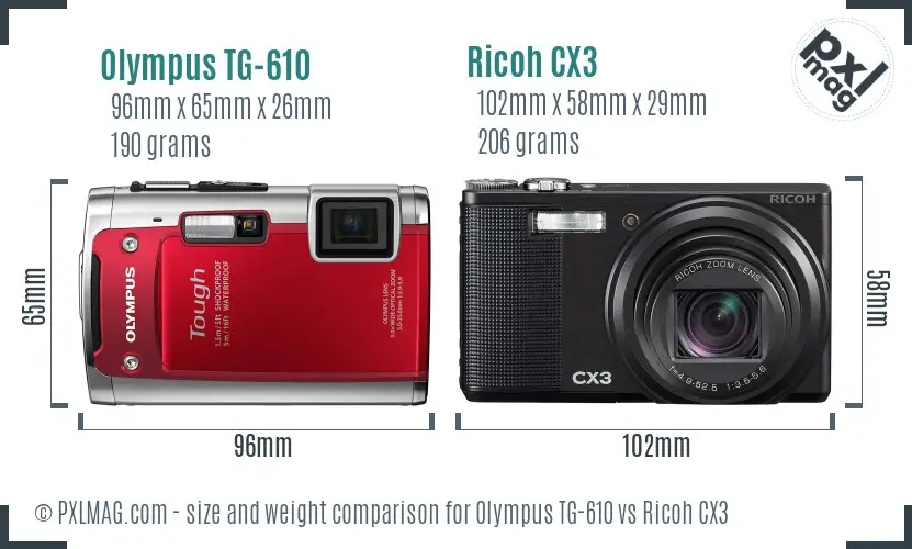 Olympus TG-610 vs Ricoh CX3 size comparison