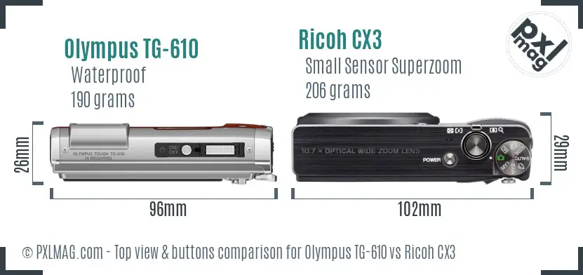 Olympus TG-610 vs Ricoh CX3 top view buttons comparison