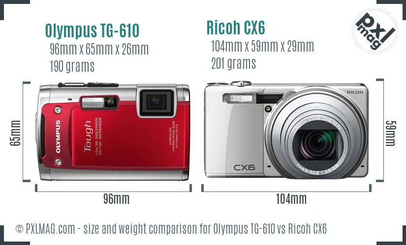 Olympus TG-610 vs Ricoh CX6 size comparison