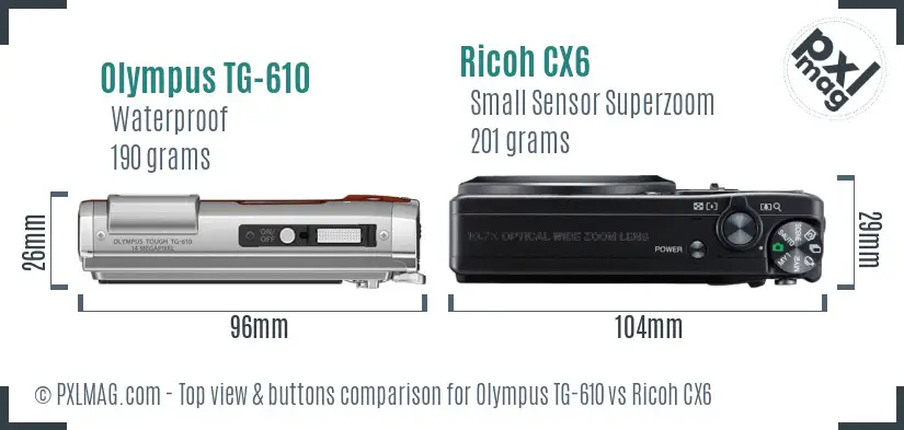 Olympus TG-610 vs Ricoh CX6 top view buttons comparison