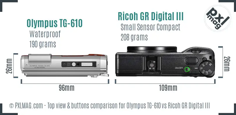 Olympus TG-610 vs Ricoh GR Digital III top view buttons comparison