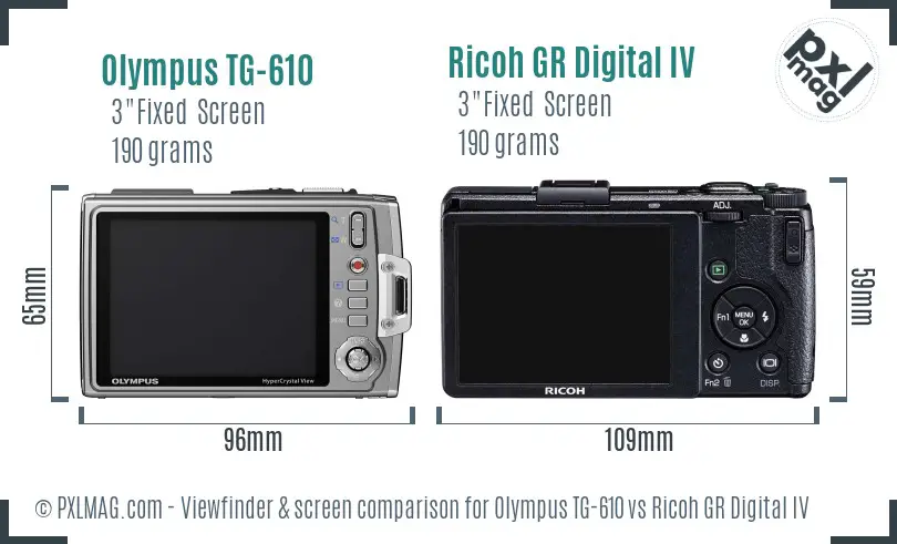 Olympus TG-610 vs Ricoh GR Digital IV Screen and Viewfinder comparison