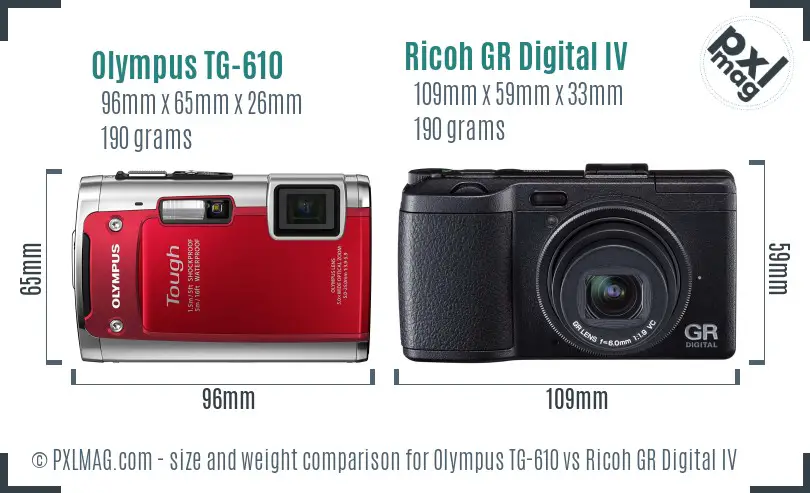 Olympus TG-610 vs Ricoh GR Digital IV size comparison