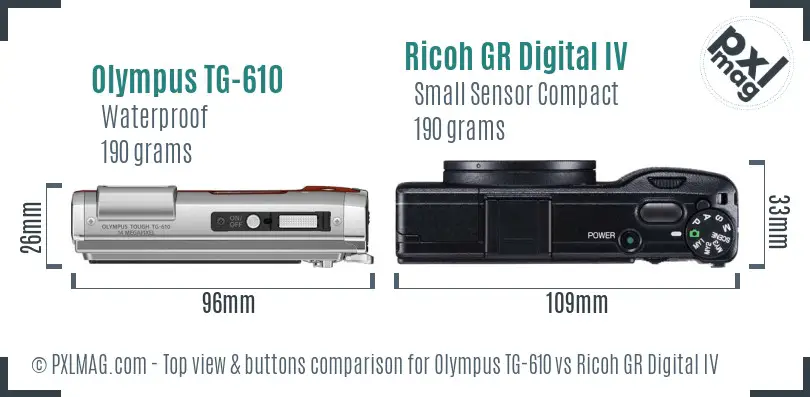 Olympus TG-610 vs Ricoh GR Digital IV top view buttons comparison