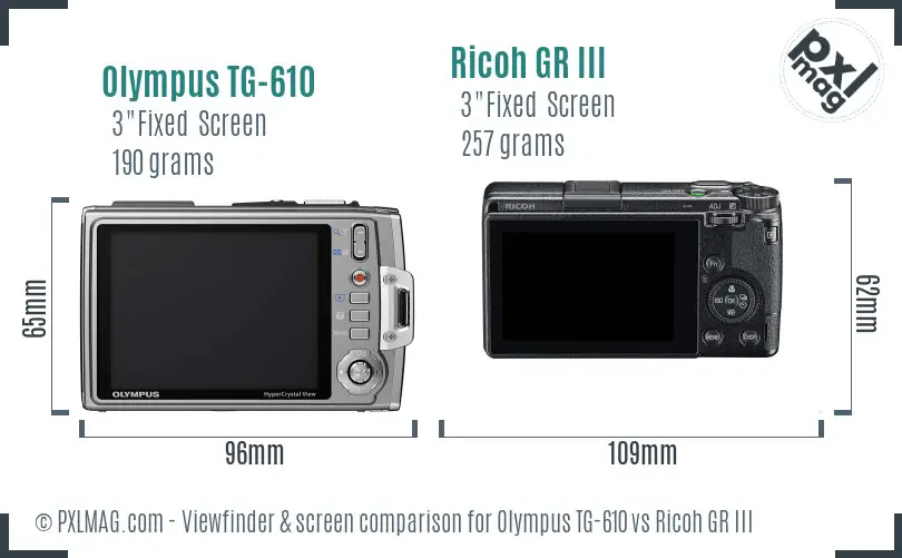 Olympus TG-610 vs Ricoh GR III Screen and Viewfinder comparison