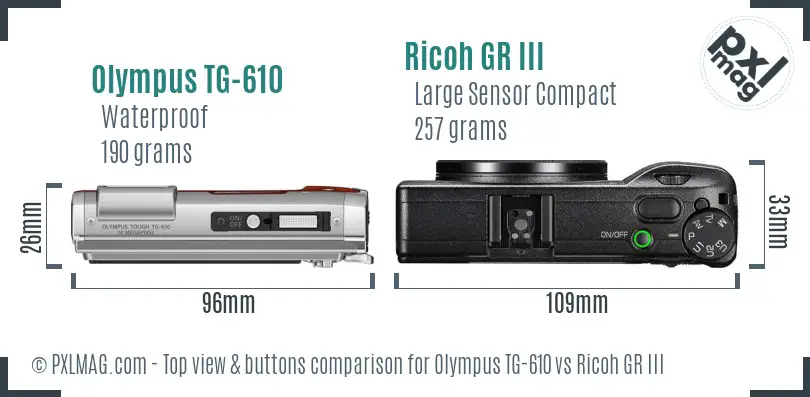 Olympus TG-610 vs Ricoh GR III top view buttons comparison