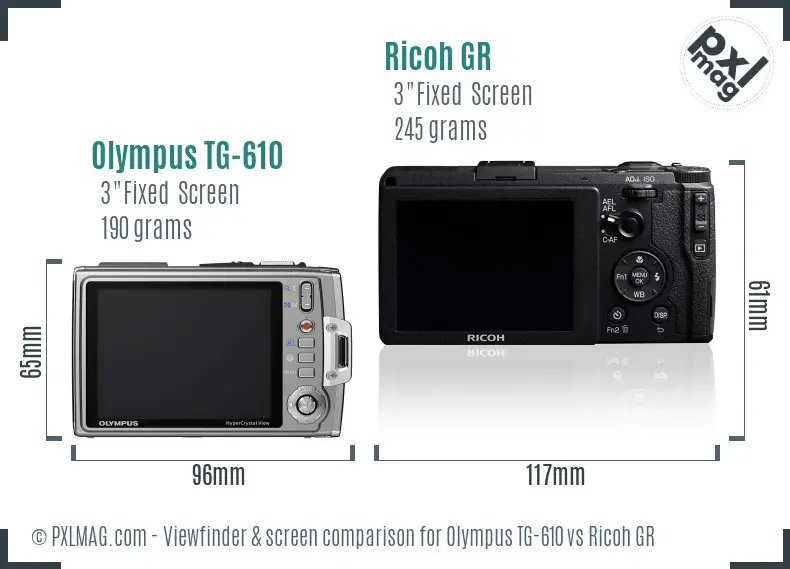 Olympus TG-610 vs Ricoh GR Screen and Viewfinder comparison