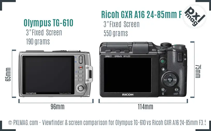 Olympus TG-610 vs Ricoh GXR A16 24-85mm F3.5-5.5 Screen and Viewfinder comparison