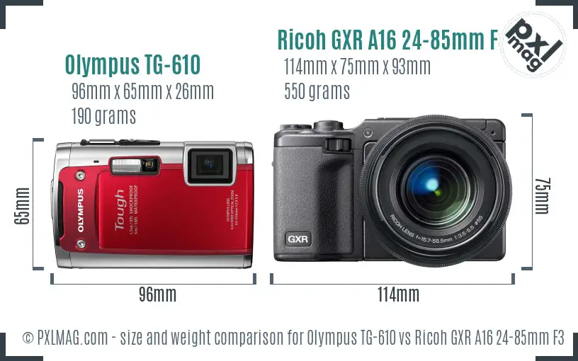 Olympus TG-610 vs Ricoh GXR A16 24-85mm F3.5-5.5 size comparison