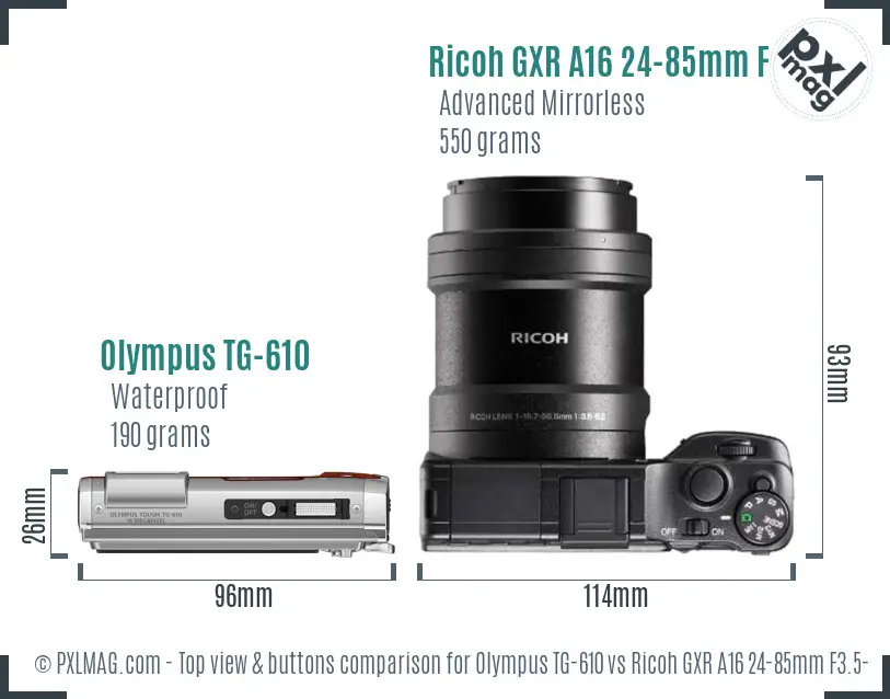 Olympus TG-610 vs Ricoh GXR A16 24-85mm F3.5-5.5 top view buttons comparison