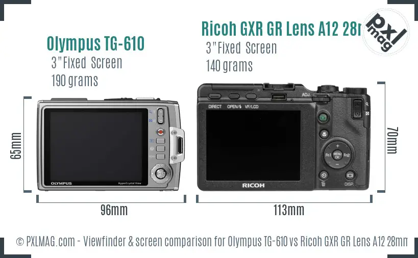 Olympus TG-610 vs Ricoh GXR GR Lens A12 28mm F2.5 Screen and Viewfinder comparison Olympus TG-610 vs Ricoh GXR GR Lens A12 28mm F2.5 Screen and Viewfinder comparison