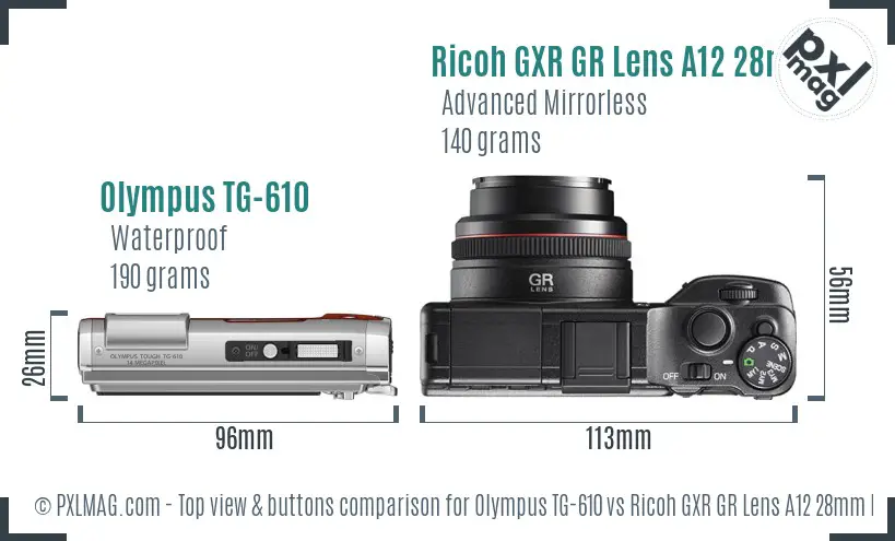 Olympus TG-610 vs Ricoh GXR GR Lens A12 28mm F2.5 top view buttons comparison Olympus TG-610 vs Ricoh GXR GR Lens A12 28mm F2.5 top view buttons comparison