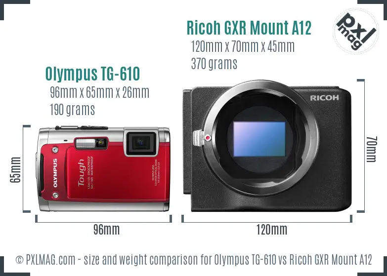 Olympus TG-610 vs Ricoh GXR Mount A12 size comparison Olympus TG-610 vs Ricoh GXR Mount A12 size comparison